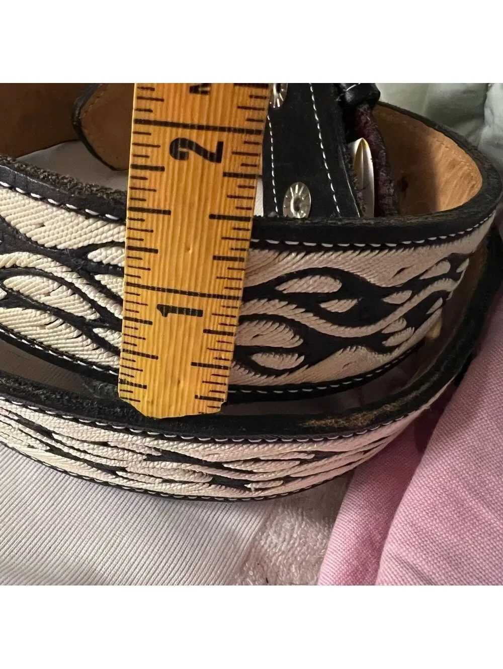 Vintage Rooster Belt Embroidered Buckle Leather Rockabilly Black White XL